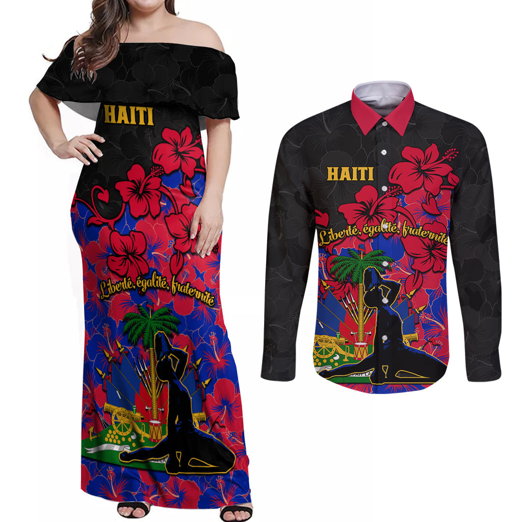 haiti-independence-day-couples-matching-off-shoulder-maxi-dress-and-long-sleeve-button-shirt-hibiscus-neg-marron