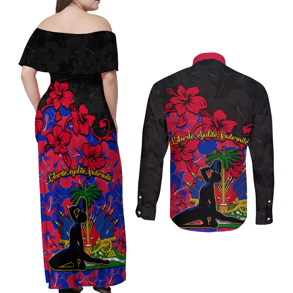 Haiti Independence Day Couples Matching Off Shoulder Maxi Dress and Long Sleeve Button Shirt Hibiscus Neg Marron - Wonder Print Shop