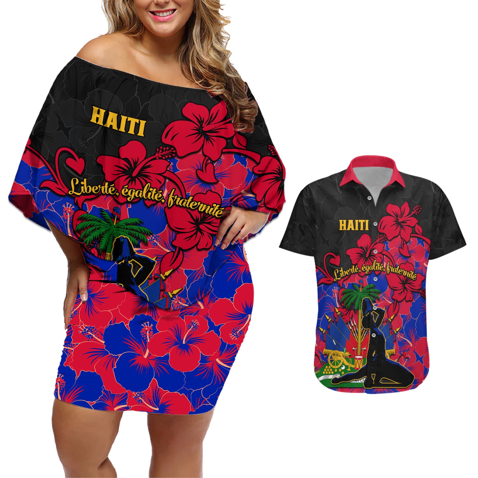 haiti-independence-day-couples-matching-off-shoulder-short-dress-and-hawaiian-shirt-hibiscus-neg-marron