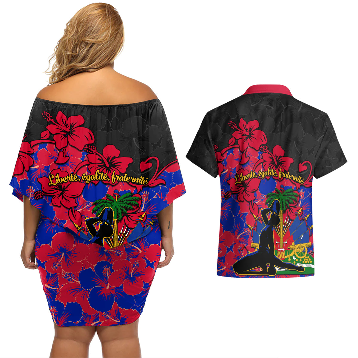 Haiti Independence Day Couples Matching Off Shoulder Short Dress and Hawaiian Shirt Hibiscus Neg Marron - Wonder Print Shop