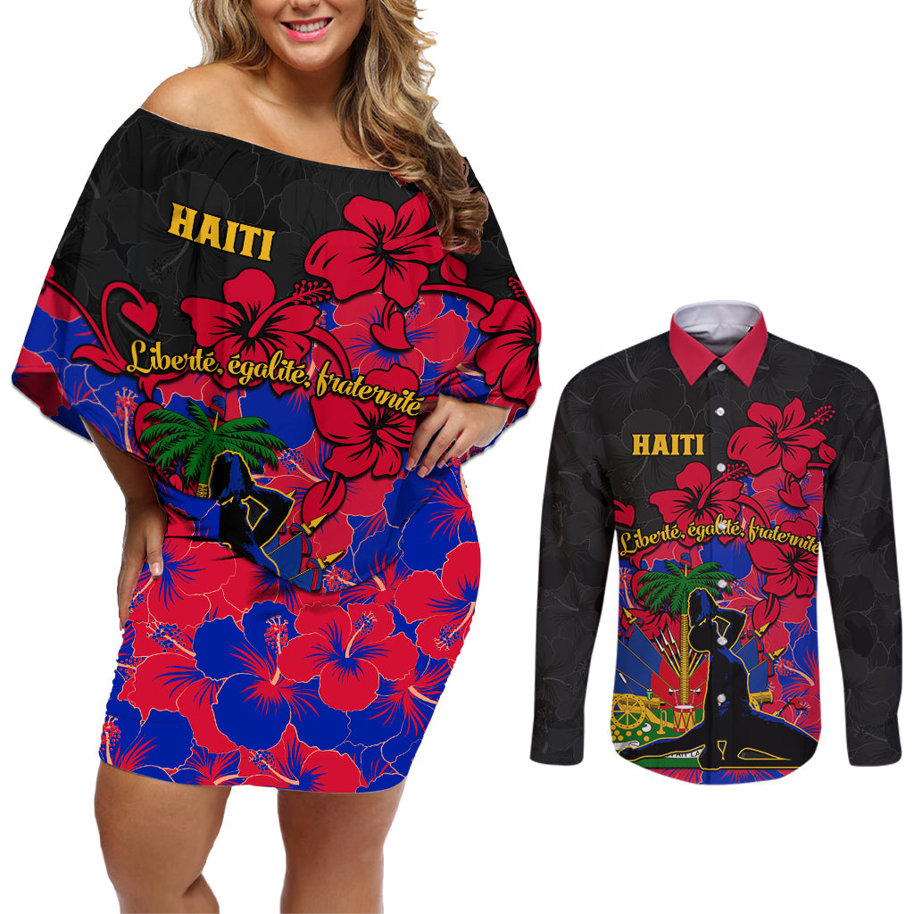 haiti-independence-day-couples-matching-off-shoulder-short-dress-and-long-sleeve-button-shirt-hibiscus-neg-marron