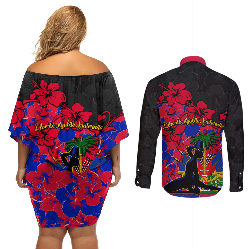 Haiti Independence Day Couples Matching Off Shoulder Short Dress and Long Sleeve Button Shirt Hibiscus Neg Marron - Wonder Print Shop