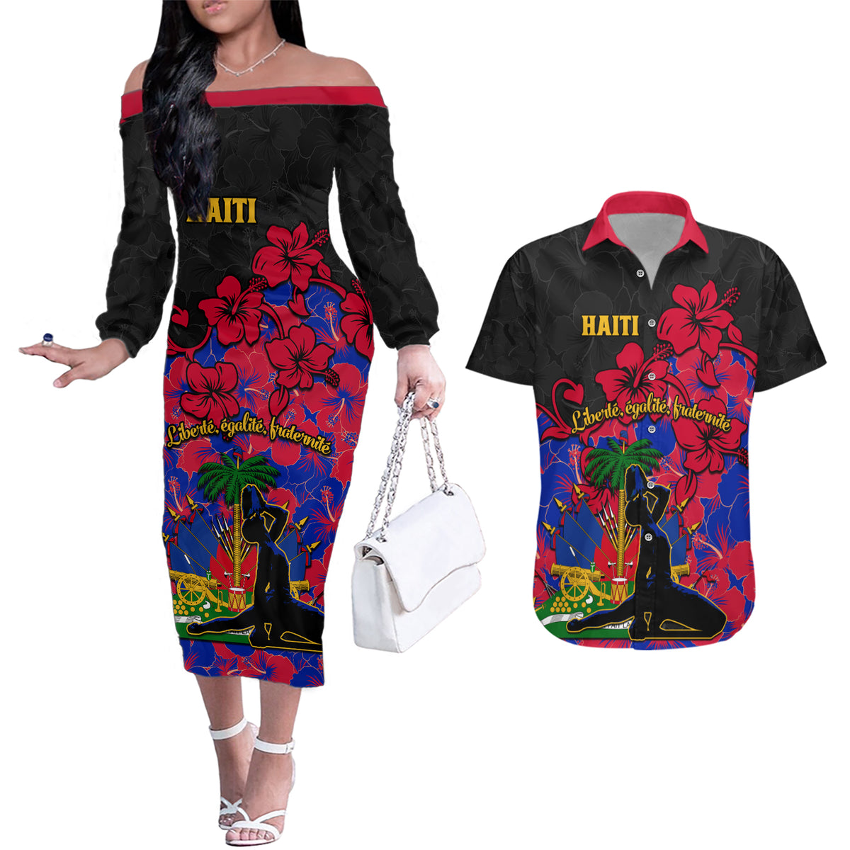 Haiti Independence Day Couples Matching Off The Shoulder Long Sleeve Dress and Hawaiian Shirt Hibiscus Neg Marron - Wonder Print Shop