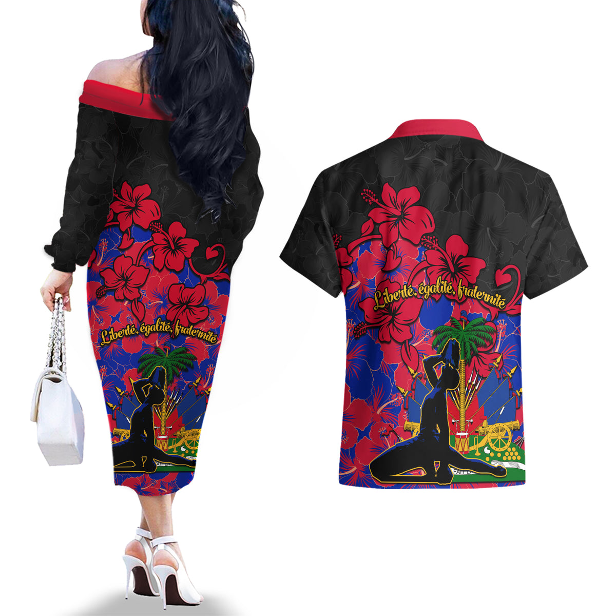 Haiti Independence Day Couples Matching Off The Shoulder Long Sleeve Dress and Hawaiian Shirt Hibiscus Neg Marron - Wonder Print Shop