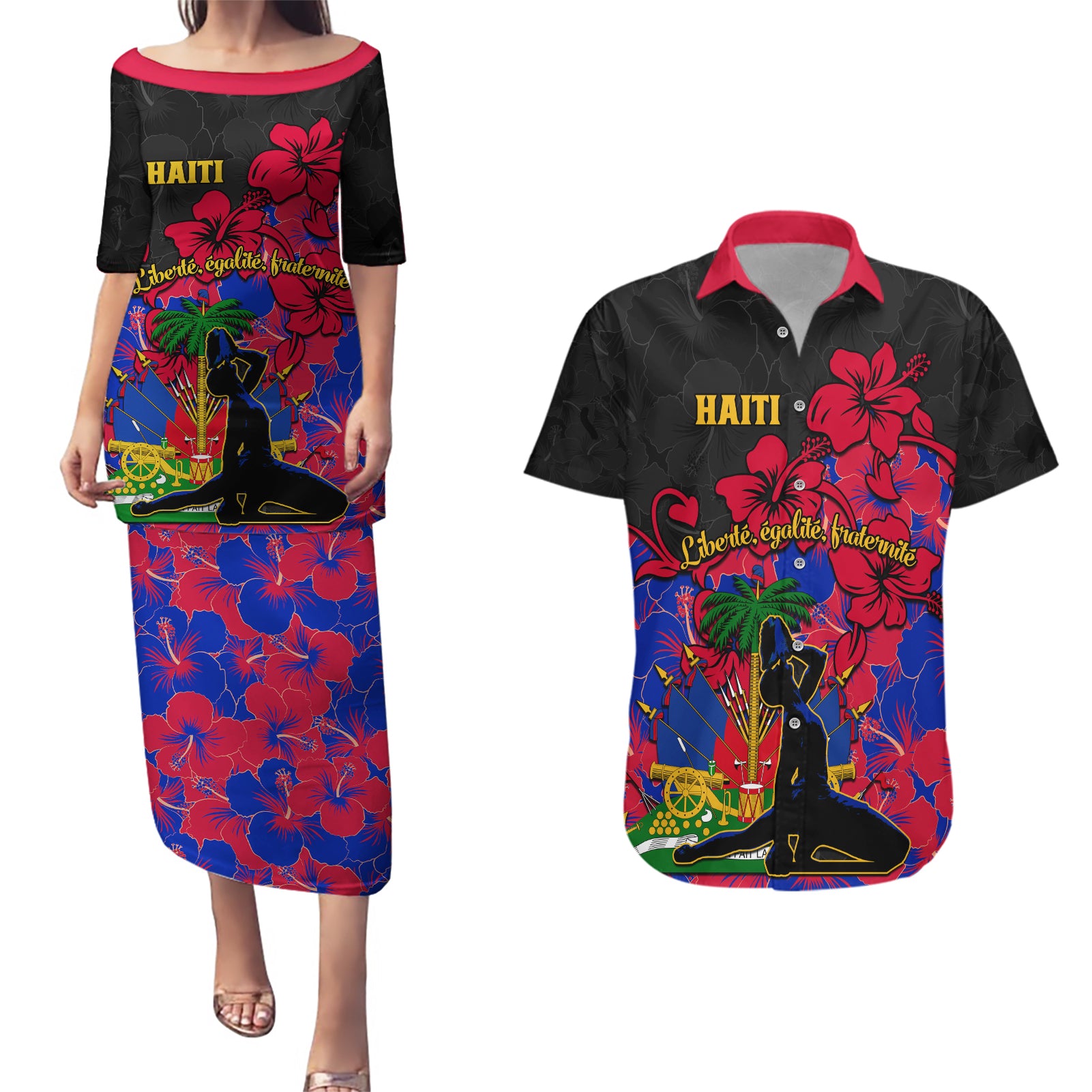 haiti-independence-day-couples-matching-puletasi-dress-and-hawaiian-shirt-hibiscus-neg-marron