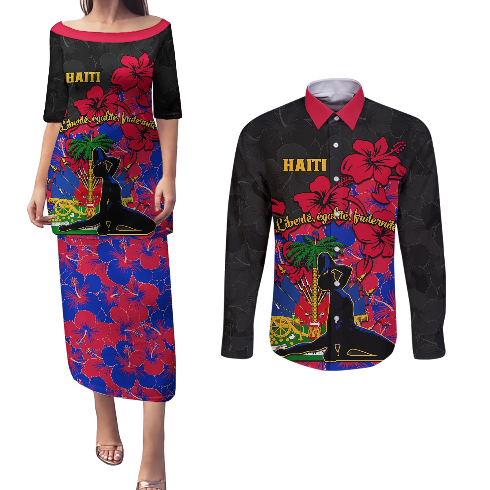 haiti-independence-day-couples-matching-puletasi-dress-and-long-sleeve-button-shirt-hibiscus-neg-marron
