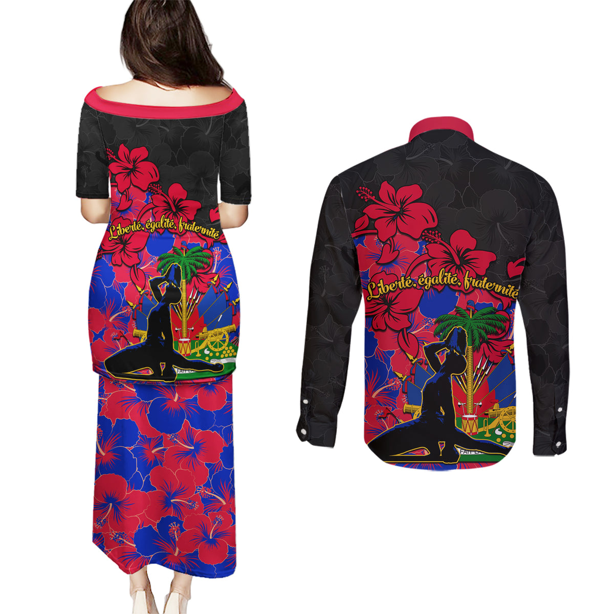 Haiti Independence Day Couples Matching Puletasi Dress and Long Sleeve Button Shirt Hibiscus Neg Marron - Wonder Print Shop