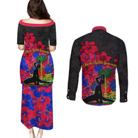Haiti Independence Day Couples Matching Puletasi Dress and Long Sleeve Button Shirt Hibiscus Neg Marron - Wonder Print Shop