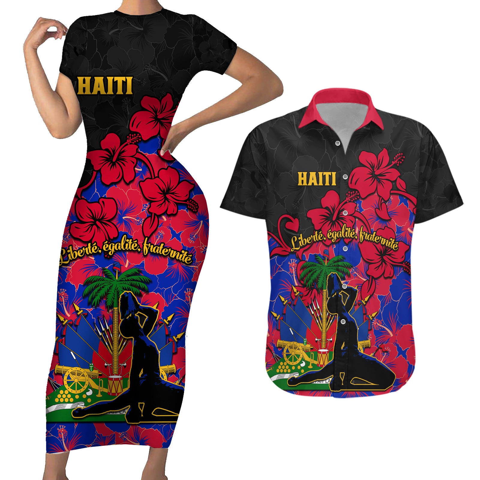 haiti-independence-day-couples-matching-short-sleeve-bodycon-dress-and-hawaiian-shirt-hibiscus-neg-marron