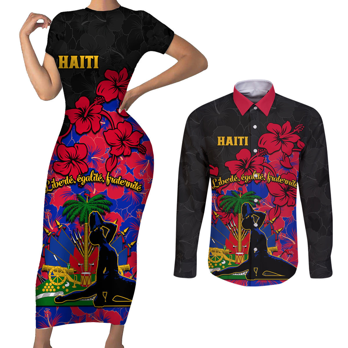 Haiti Independence Day Couples Matching Short Sleeve Bodycon Dress and Long Sleeve Button Shirt Hibiscus Neg Marron - Wonder Print Shop