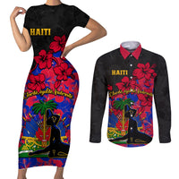 Haiti Independence Day Couples Matching Short Sleeve Bodycon Dress and Long Sleeve Button Shirt Hibiscus Neg Marron - Wonder Print Shop