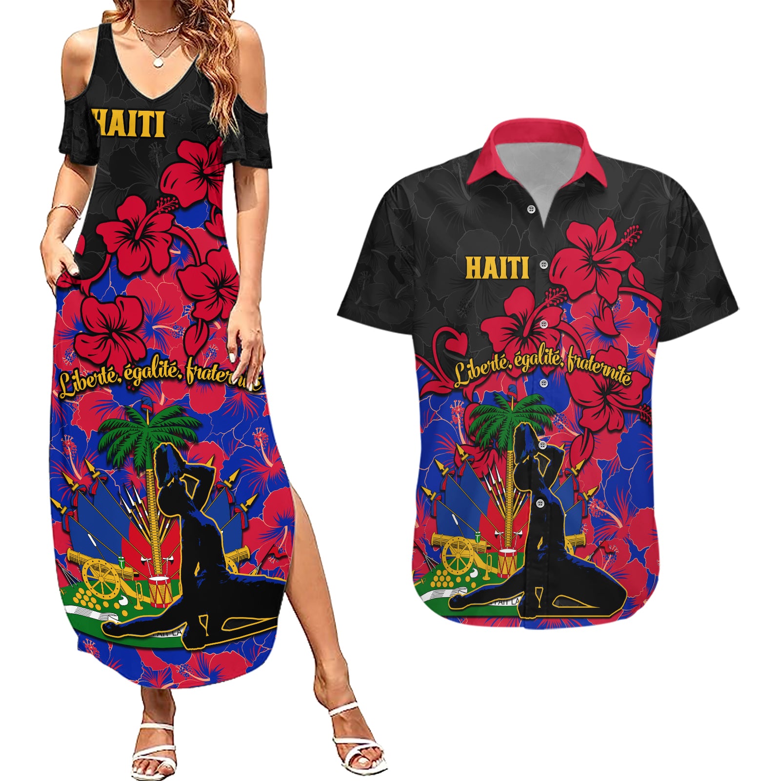 haiti-independence-day-couples-matching-summer-maxi-dress-and-hawaiian-shirt-hibiscus-neg-marron