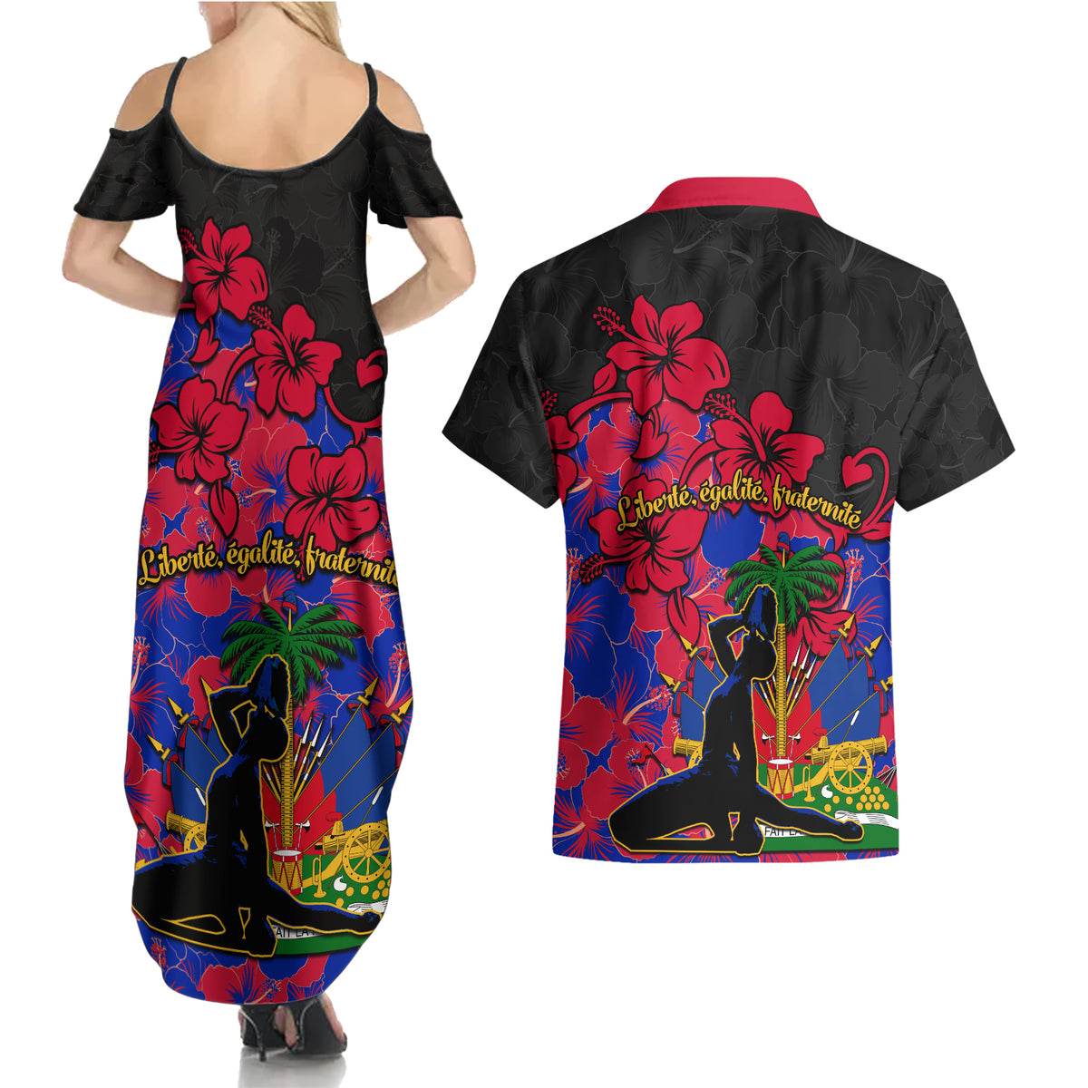Haiti Independence Day Couples Matching Summer Maxi Dress and Hawaiian Shirt Hibiscus Neg Marron - Wonder Print Shop