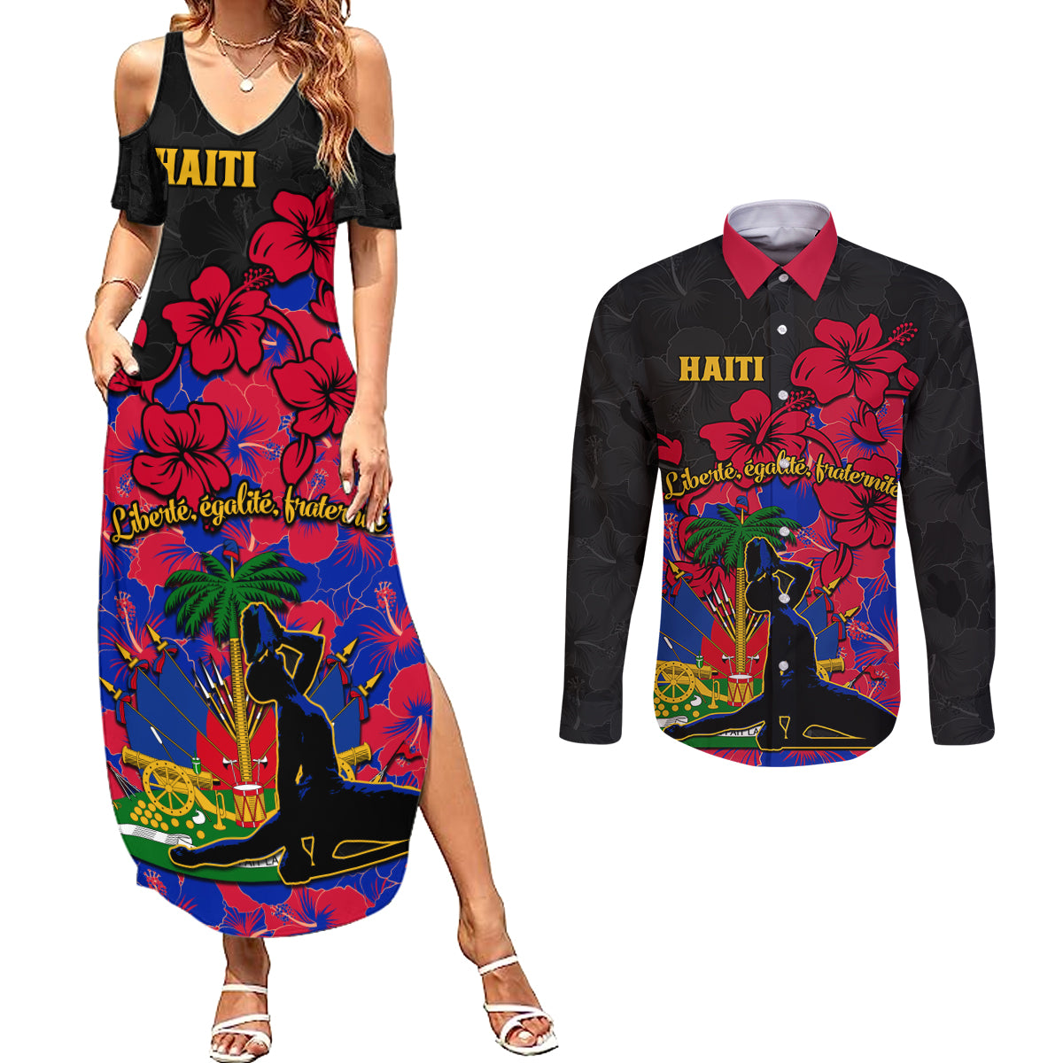 haiti-independence-day-couples-matching-summer-maxi-dress-and-long-sleeve-button-shirt-hibiscus-neg-marron