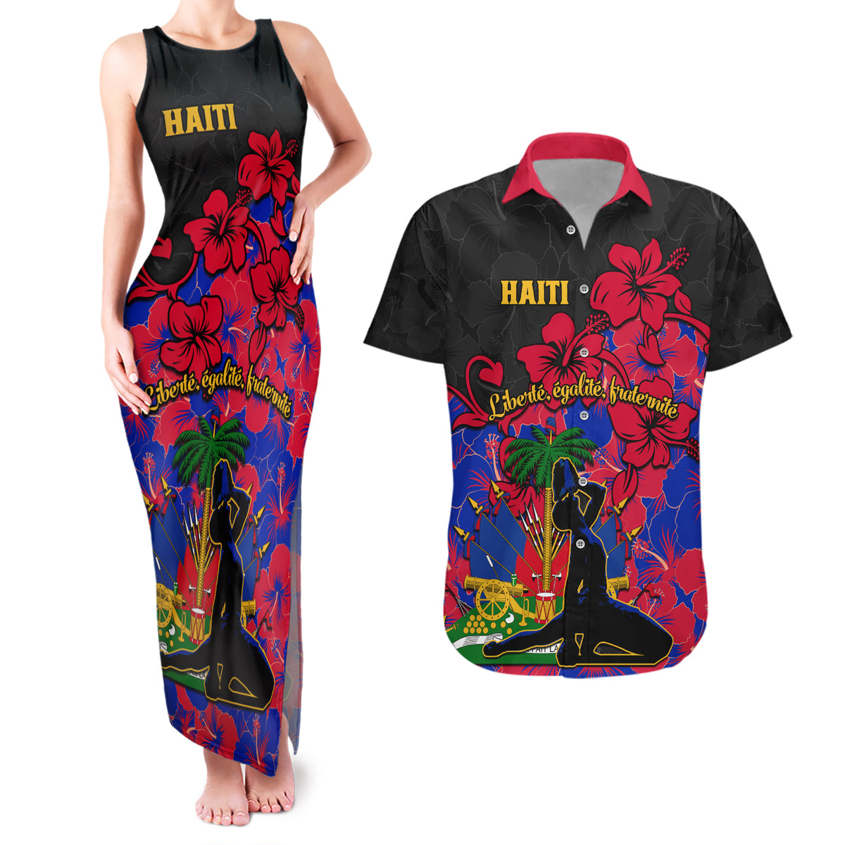 Haiti Independence Day Couples Matching Tank Maxi Dress and Hawaiian Shirt Hibiscus Neg Marron - Wonder Print Shop