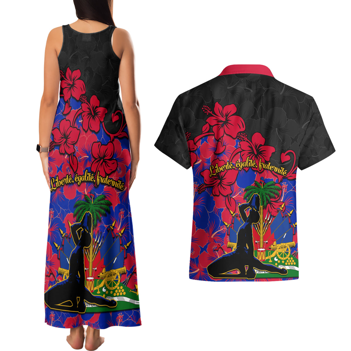 Haiti Independence Day Couples Matching Tank Maxi Dress and Hawaiian Shirt Hibiscus Neg Marron - Wonder Print Shop