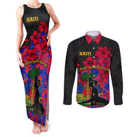 Haiti Independence Day Couples Matching Tank Maxi Dress and Long Sleeve Button Shirt Hibiscus Neg Marron - Wonder Print Shop