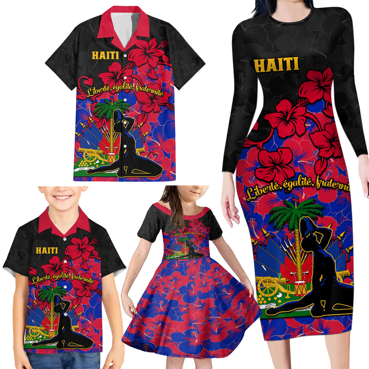 haiti-independence-day-family-matching-long-sleeve-bodycon-dress-and-hawaiian-shirt-hibiscus-neg-marron