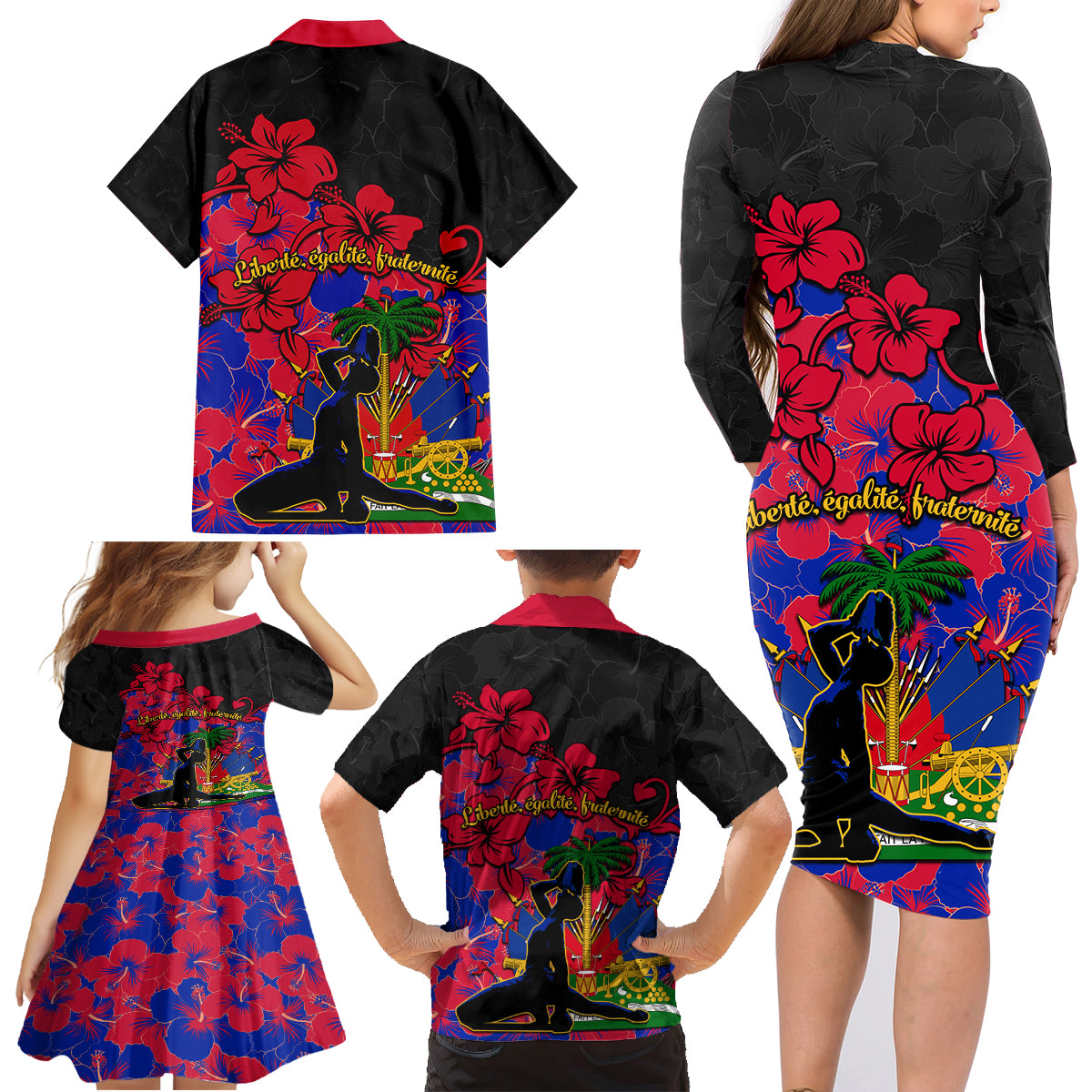 Haiti Independence Day Family Matching Long Sleeve Bodycon Dress and Hawaiian Shirt Hibiscus Neg Marron - Wonder Print Shop