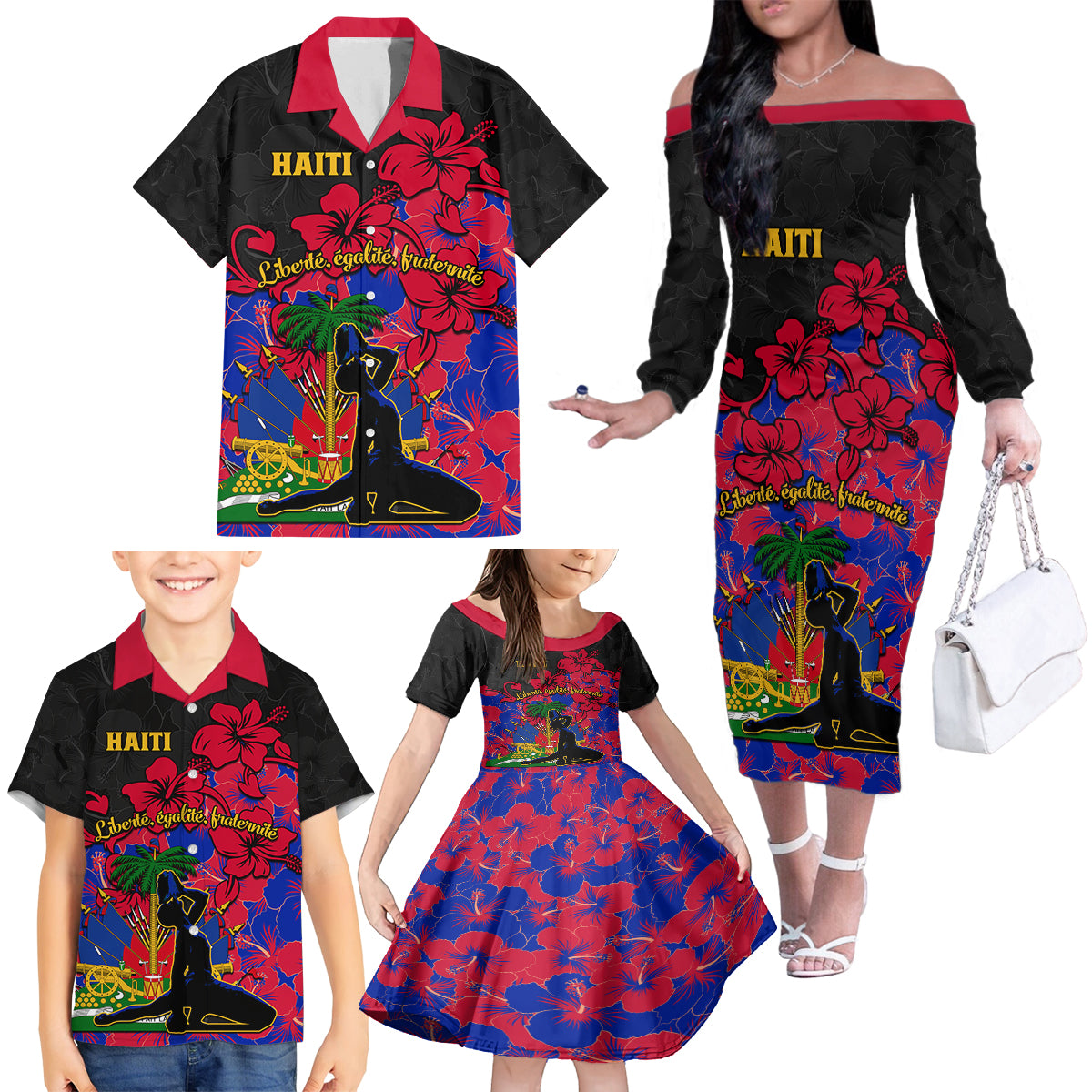 Haiti Independence Day Family Matching Off Shoulder Long Sleeve Dress and Hawaiian Shirt Hibiscus Neg Marron - Wonder Print Shop