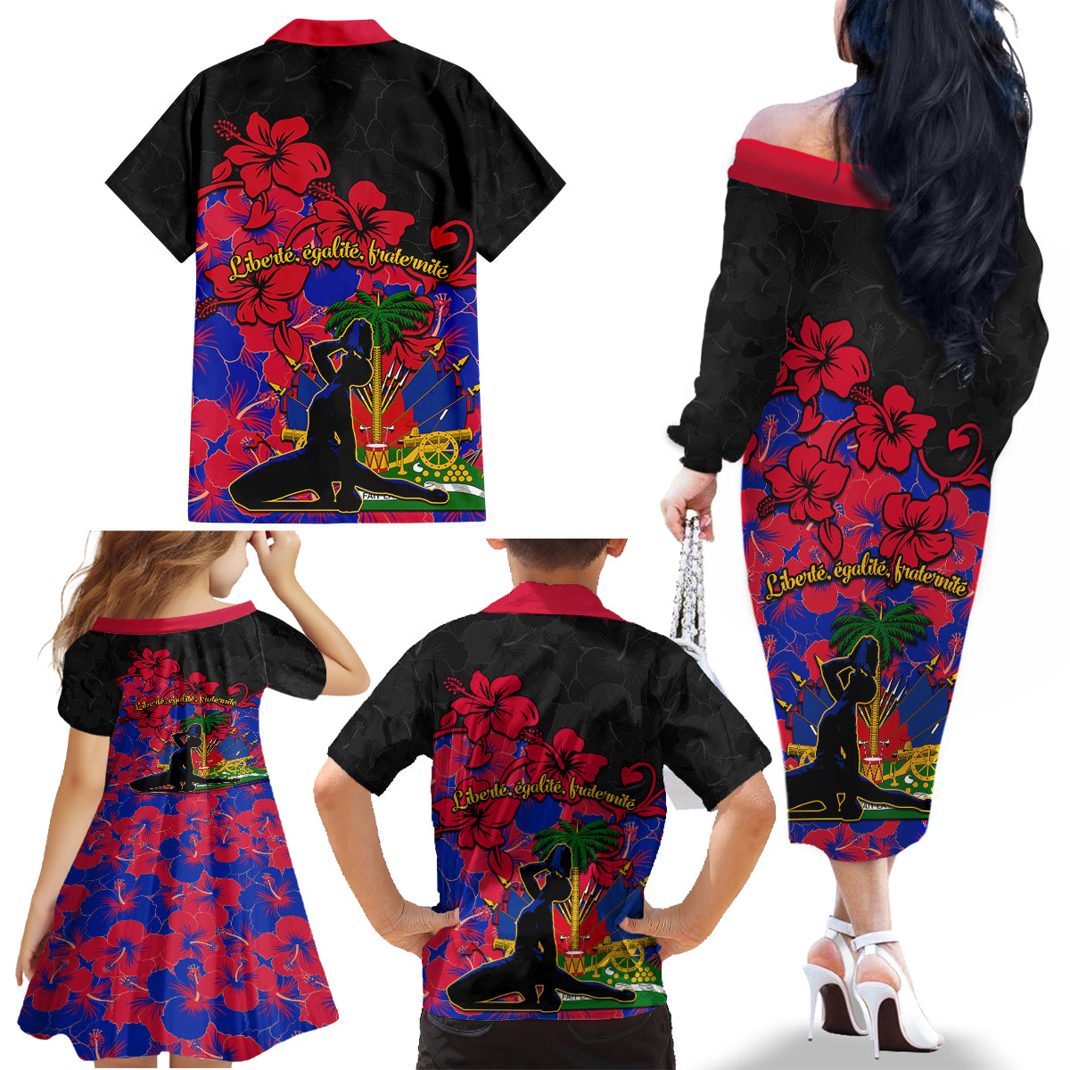 Haiti Independence Day Family Matching Off Shoulder Long Sleeve Dress and Hawaiian Shirt Hibiscus Neg Marron - Wonder Print Shop