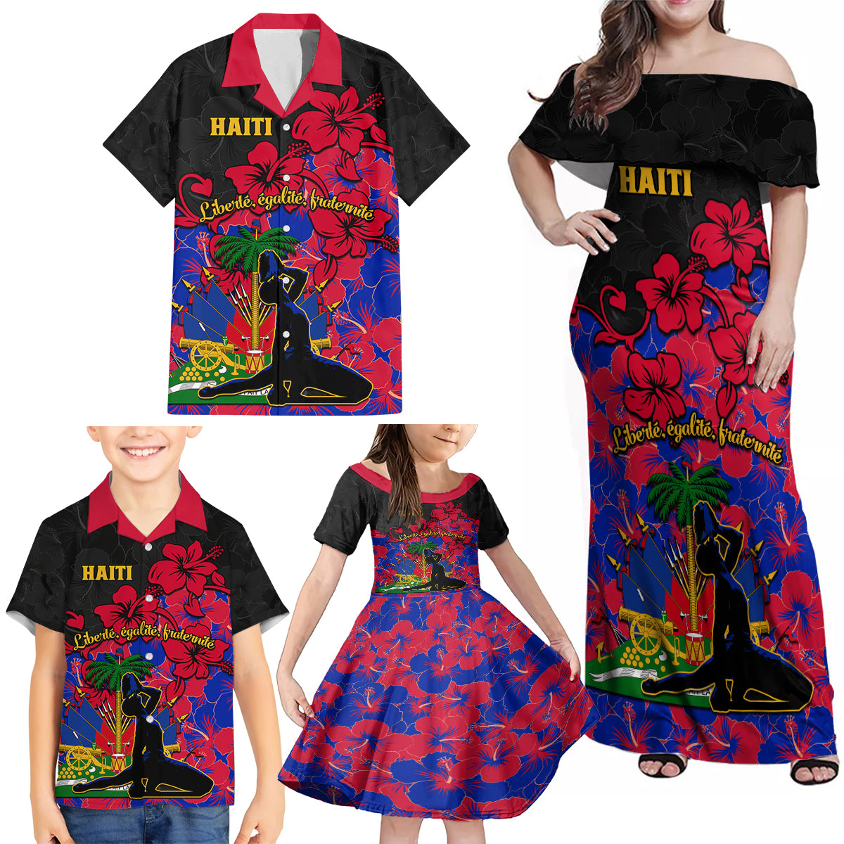 Haiti Independence Day Family Matching Off Shoulder Maxi Dress and Hawaiian Shirt Hibiscus Neg Marron - Wonder Print Shop