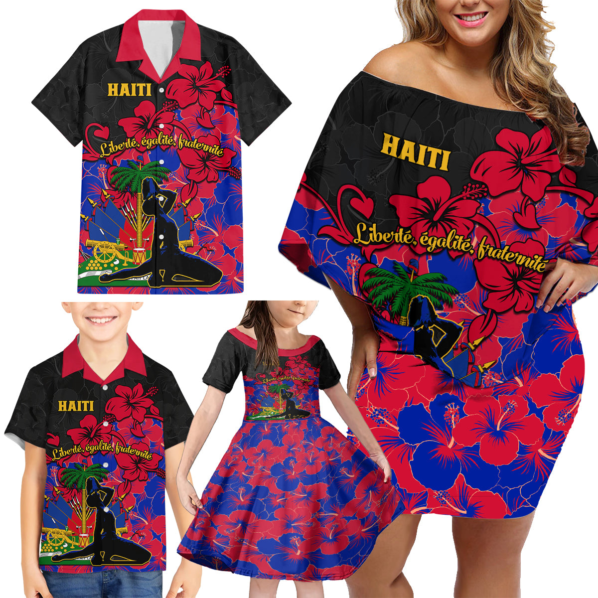 haiti-independence-day-family-matching-off-shoulder-short-dress-and-hawaiian-shirt-hibiscus-neg-marron