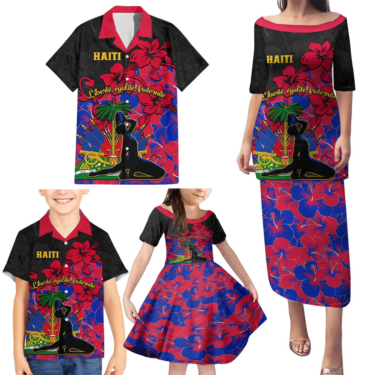 haiti-independence-day-family-matching-puletasi-dress-and-hawaiian-shirt-hibiscus-neg-marron