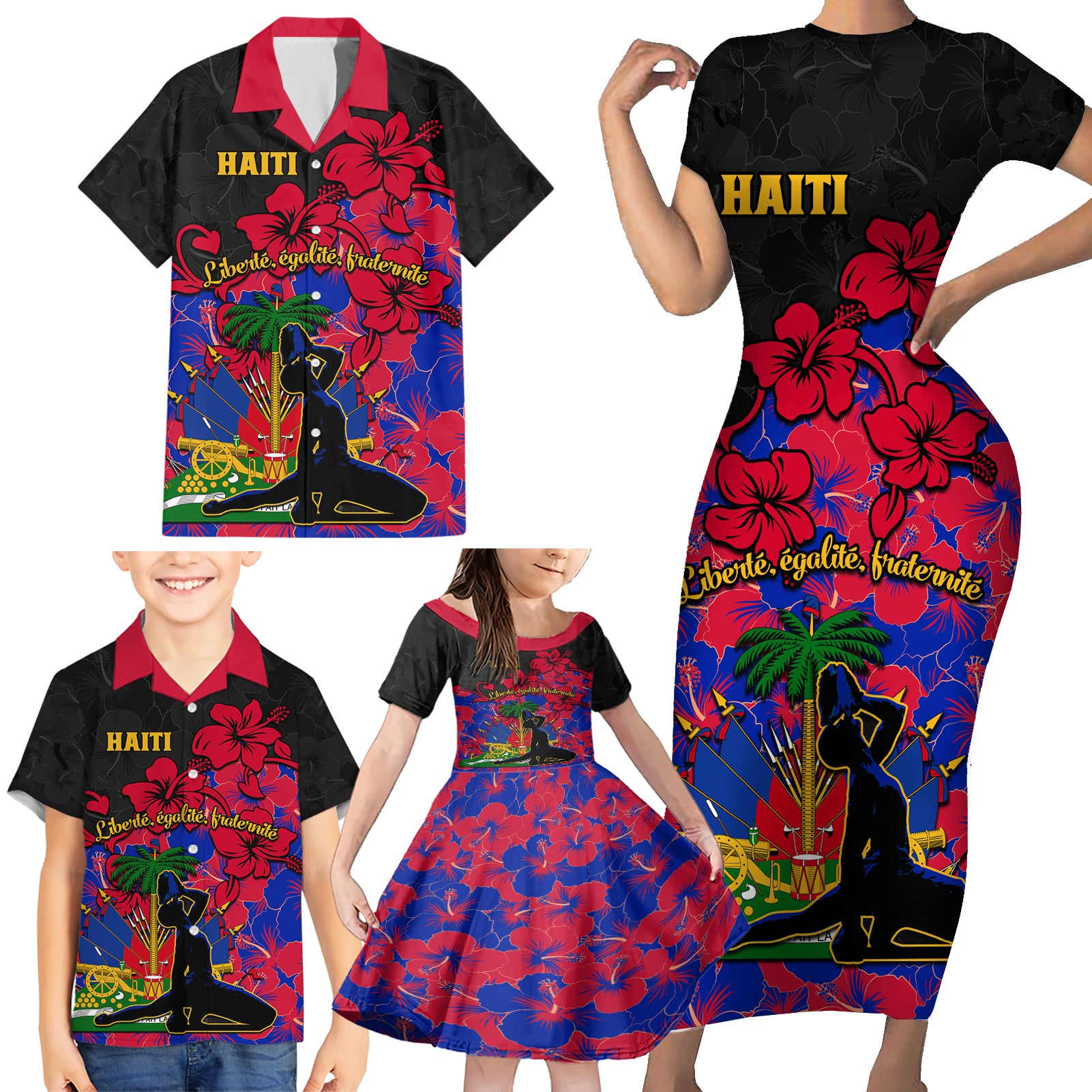 haiti-independence-day-family-matching-short-sleeve-bodycon-dress-and-hawaiian-shirt-hibiscus-neg-marron