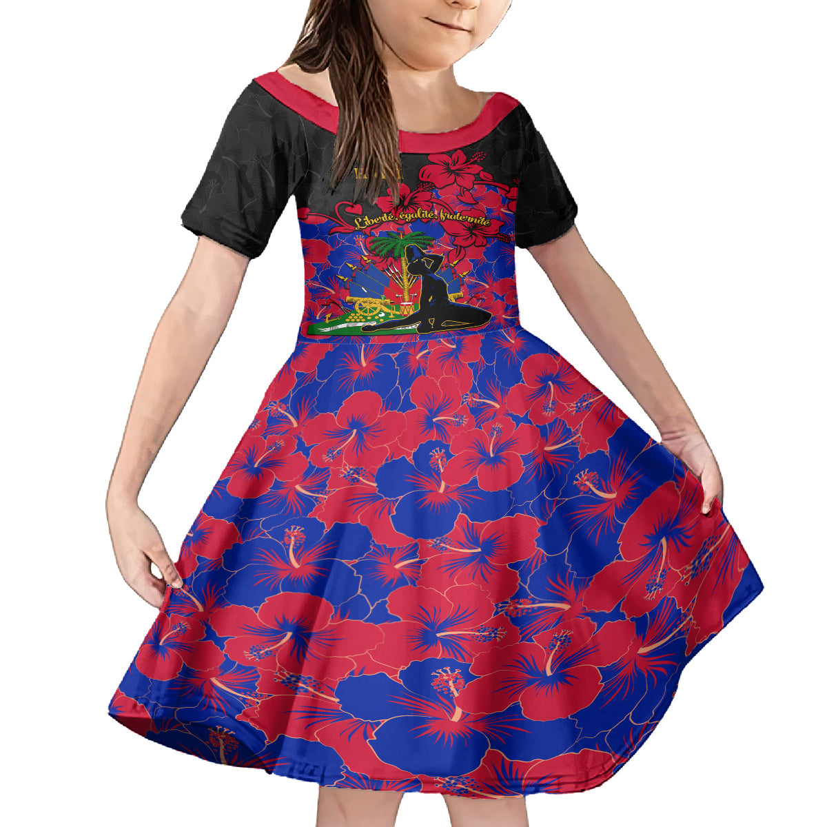 Haiti Independence Day Kid Short Sleeve Dress Hibiscus Neg Marron - Wonder Print Shop