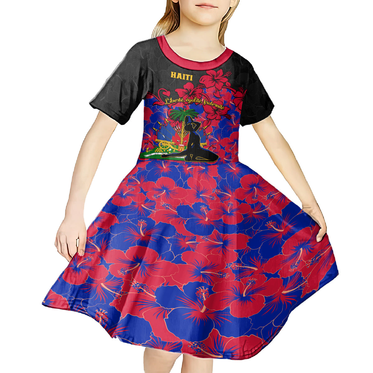 Haiti Independence Day Kid Short Sleeve Dress Hibiscus Neg Marron - Wonder Print Shop