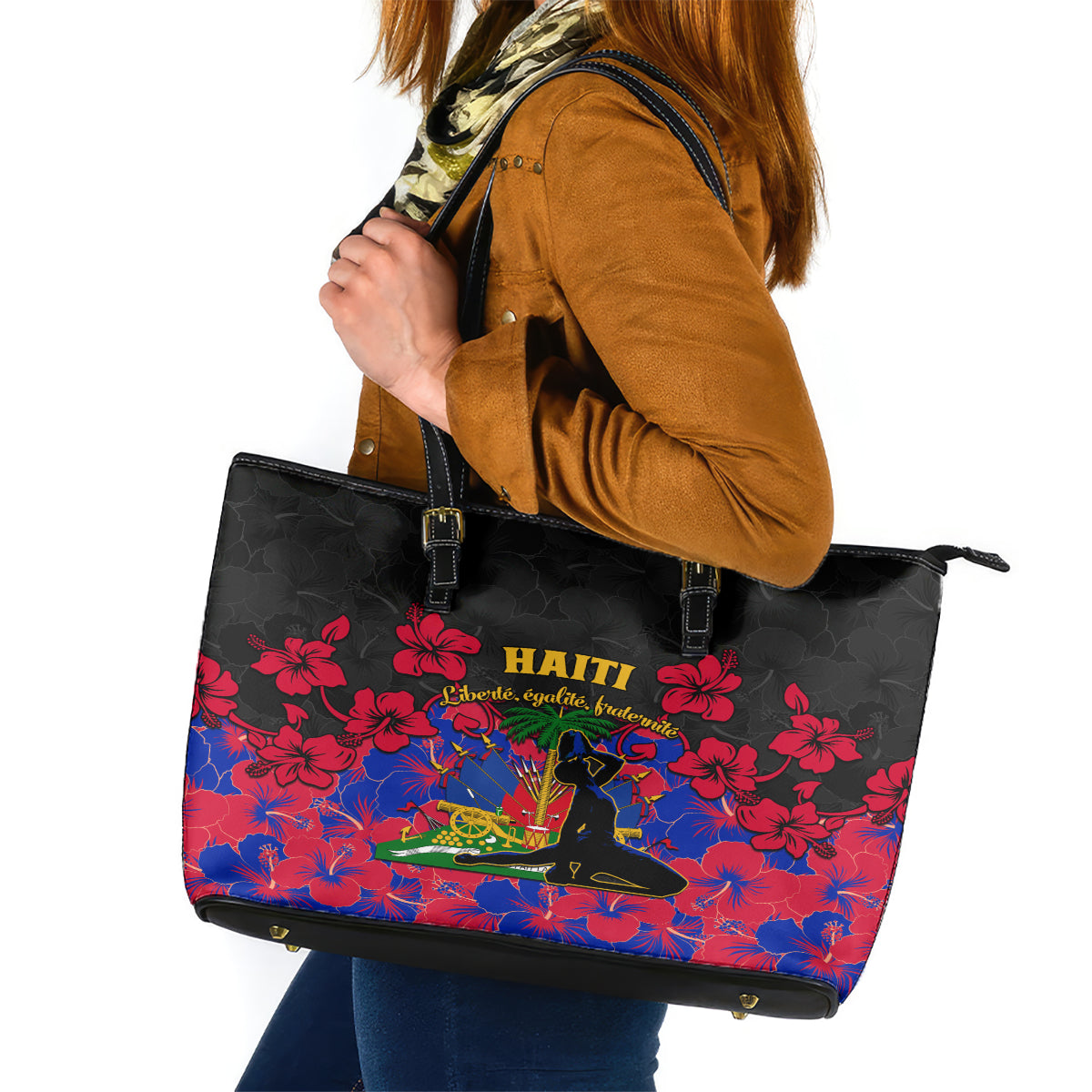 Haiti Independence Day Leather Tote Bag Hibiscus Neg Marron - Wonder Print Shop