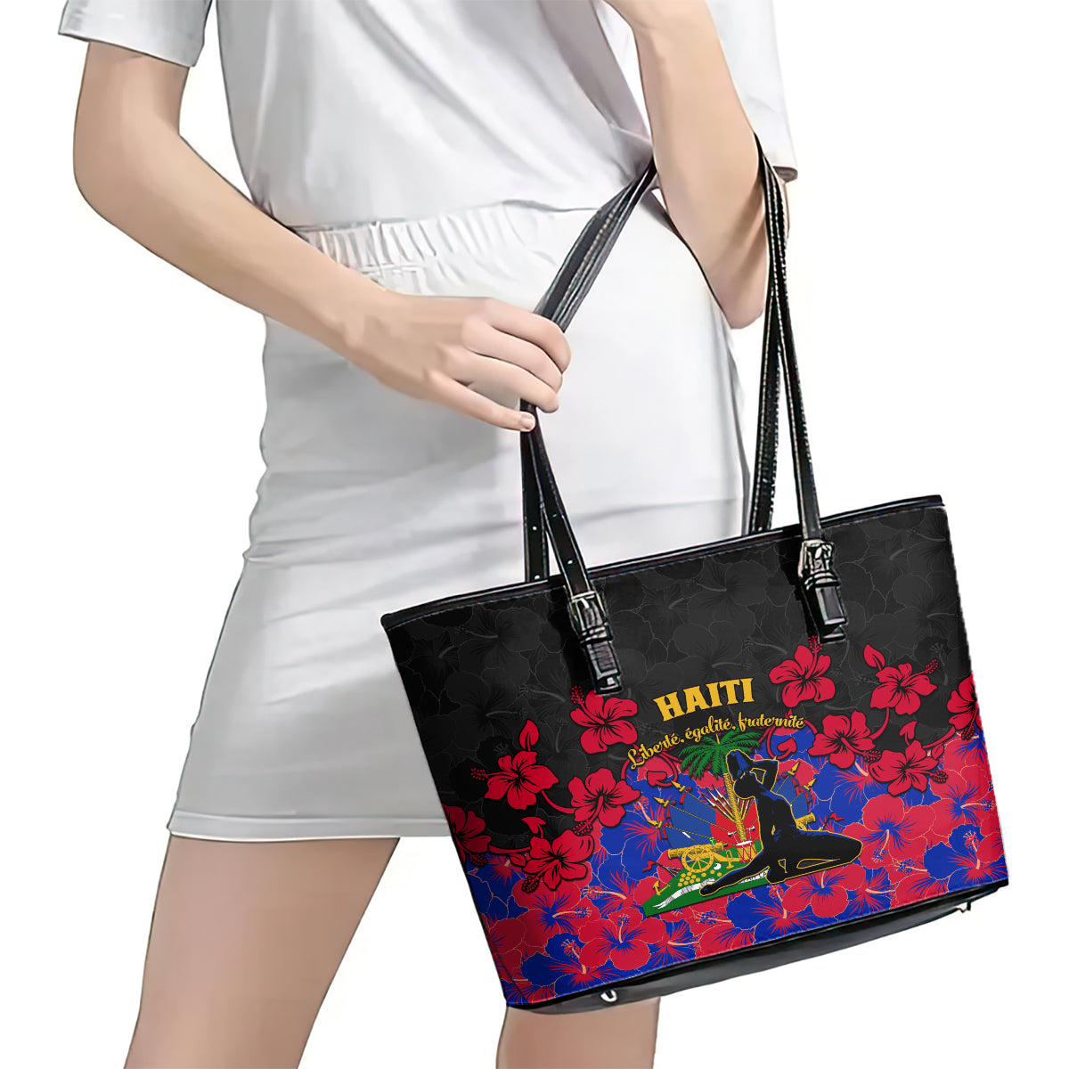 Haiti Independence Day Leather Tote Bag Hibiscus Neg Marron - Wonder Print Shop
