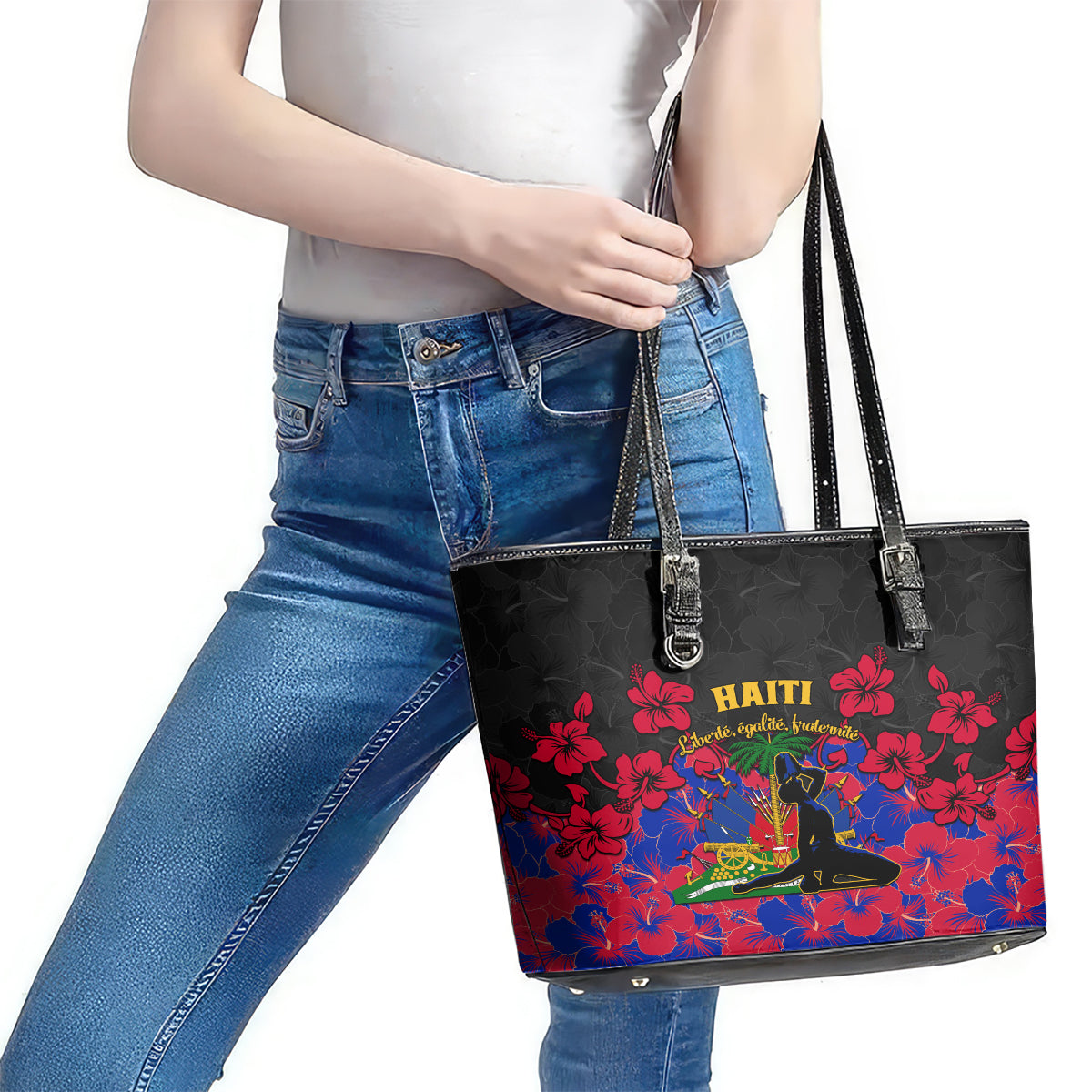 Haiti Independence Day Leather Tote Bag Hibiscus Neg Marron - Wonder Print Shop