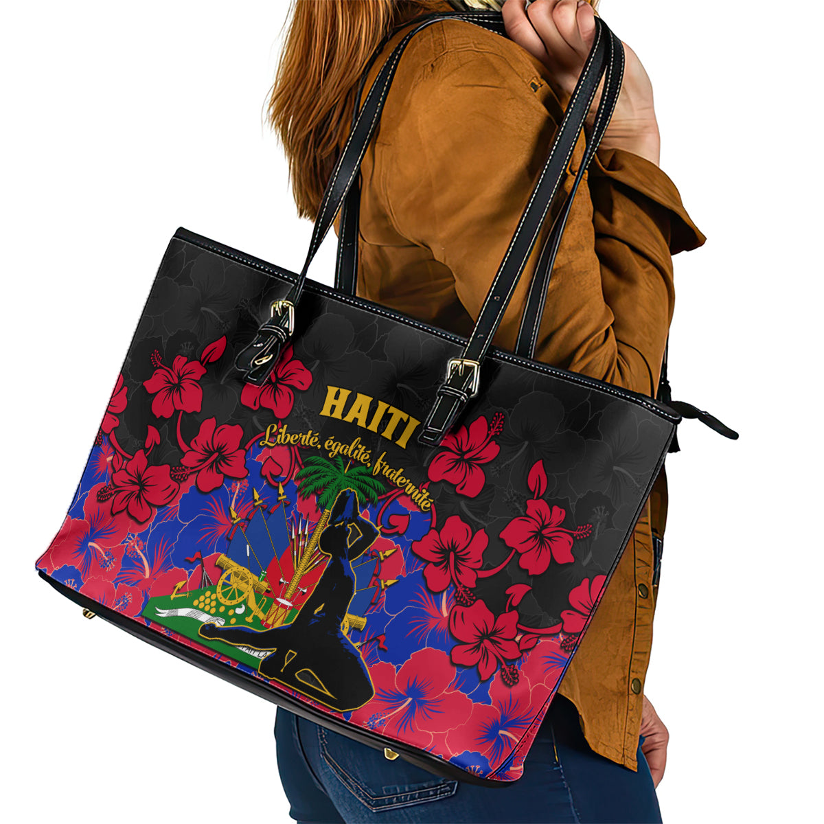 Haiti Independence Day Leather Tote Bag Hibiscus Neg Marron - Wonder Print Shop