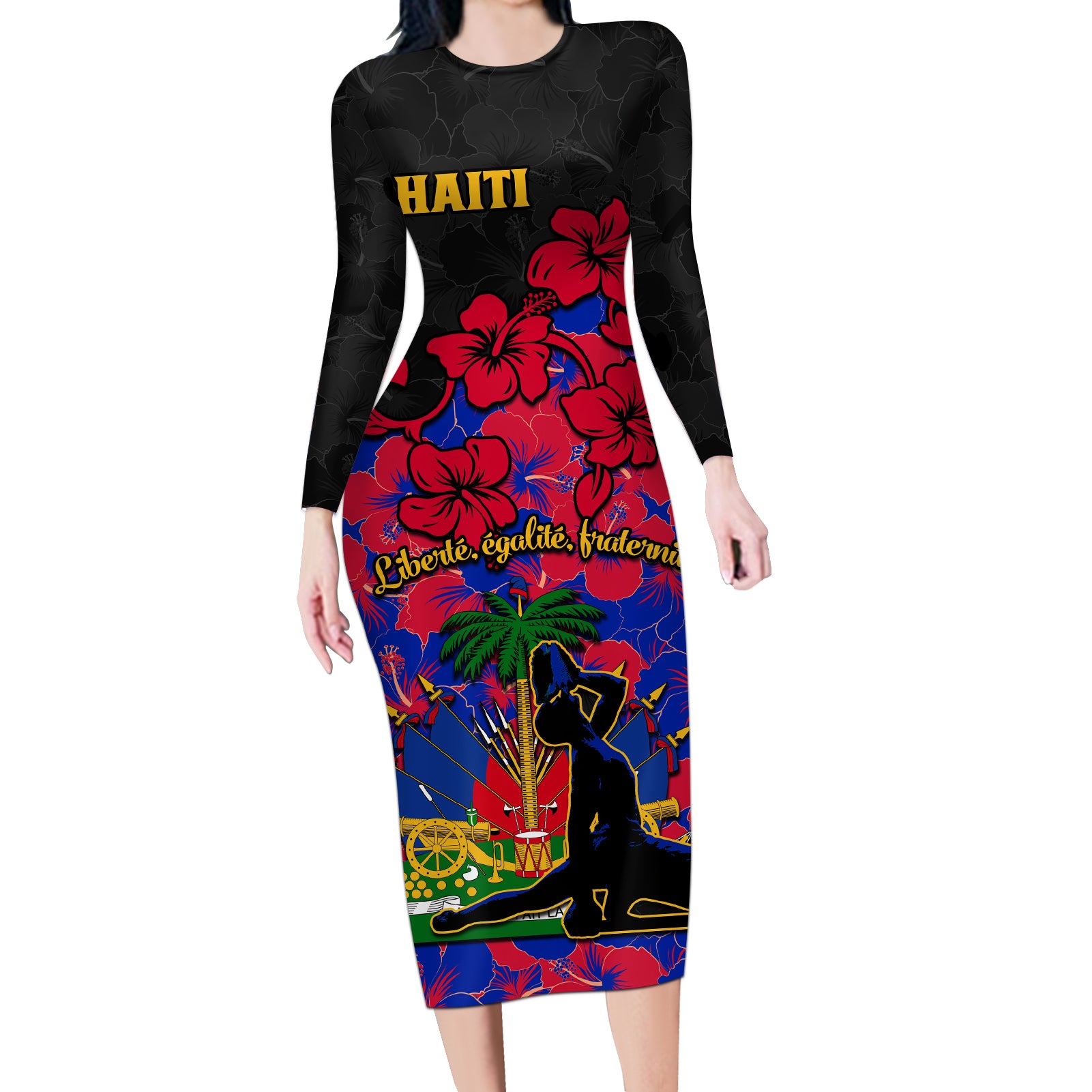Haiti Independence Day Long Sleeve Bodycon Dress Hibiscus Neg Marron - Wonder Print Shop