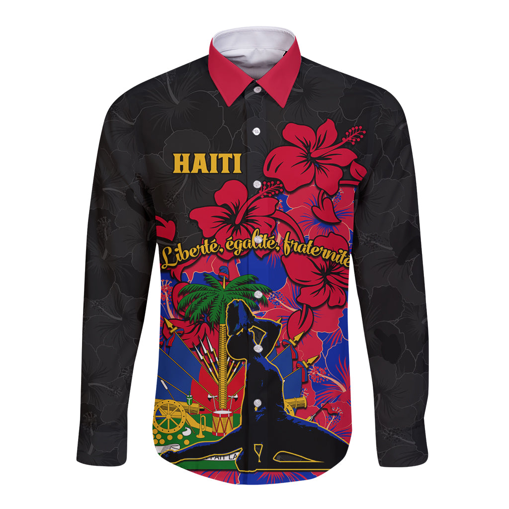 Haiti Independence Day Long Sleeve Button Shirt Hibiscus Neg Marron - Wonder Print Shop