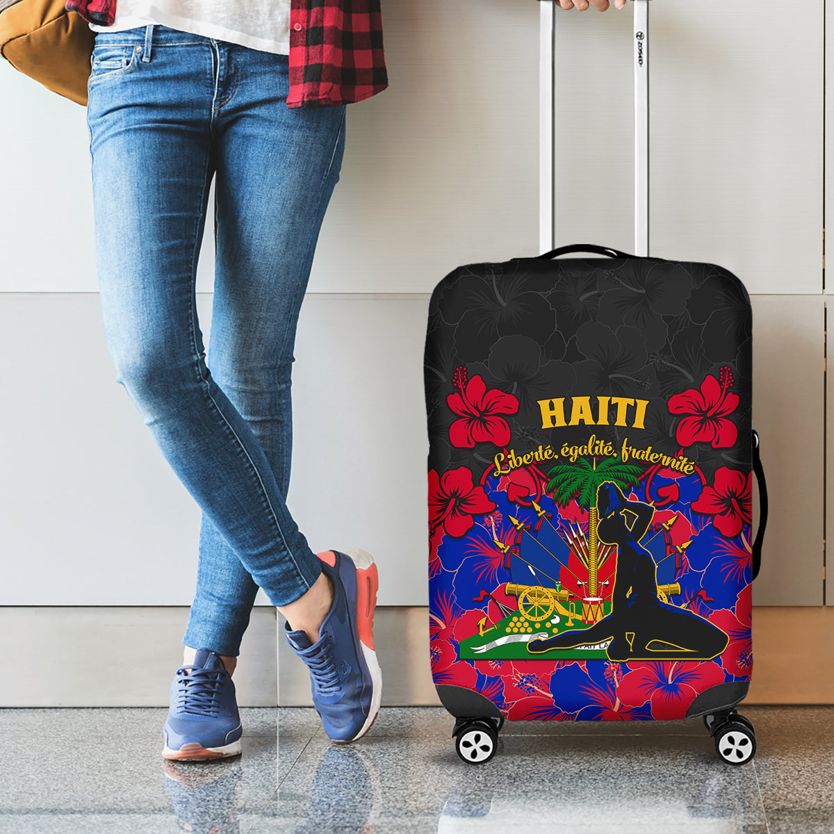 Haiti Independence Day Luggage Cover Hibiscus Neg Marron - Wonder Print Shop