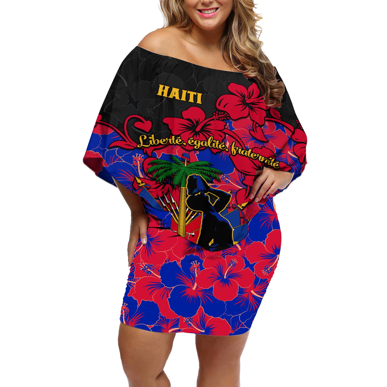 haiti-independence-day-off-shoulder-short-dress-hibiscus-neg-marron