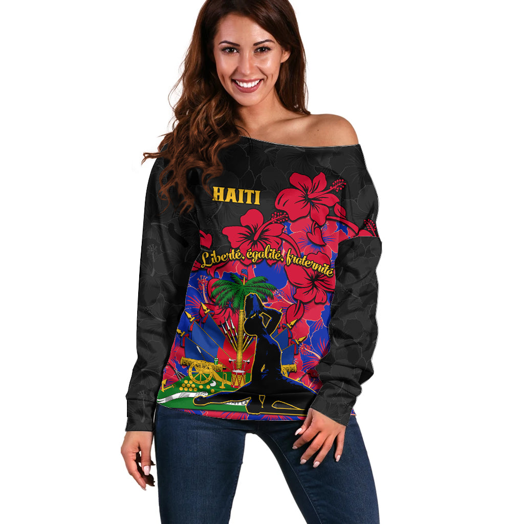 Haiti Independence Day Off Shoulder Sweater Hibiscus Neg Marron - Wonder Print Shop