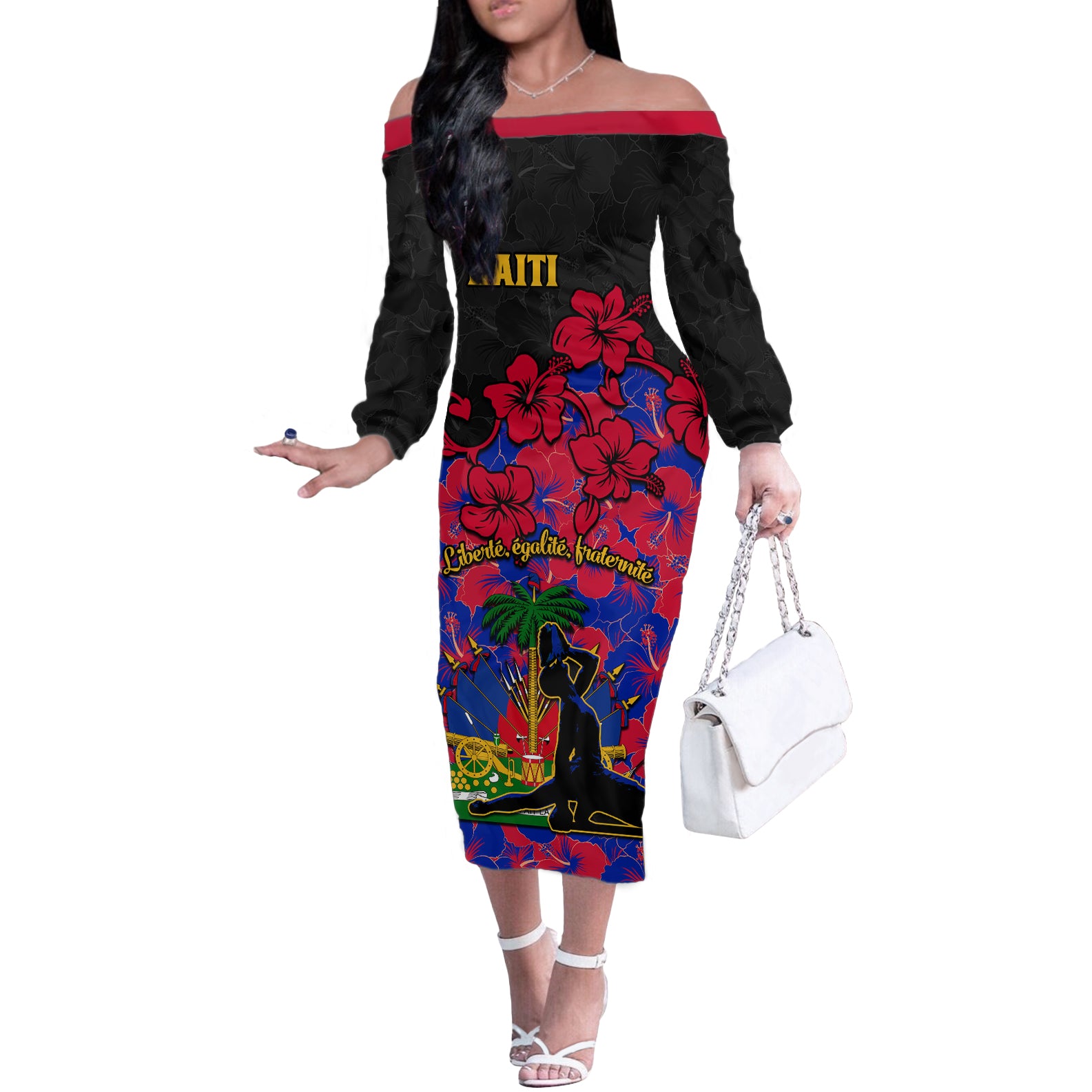Haiti Independence Day Off The Shoulder Long Sleeve Dress Hibiscus Neg Marron - Wonder Print Shop