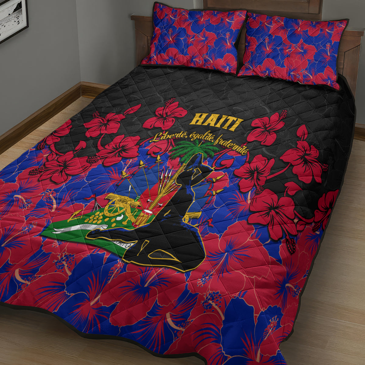 Haiti Independence Day Quilt Bed Set Hibiscus Neg Marron - Wonder Print Shop