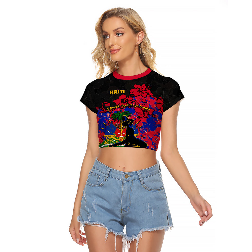 Haiti Independence Day Raglan Cropped T Shirt Hibiscus Neg Marron - Wonder Print Shop
