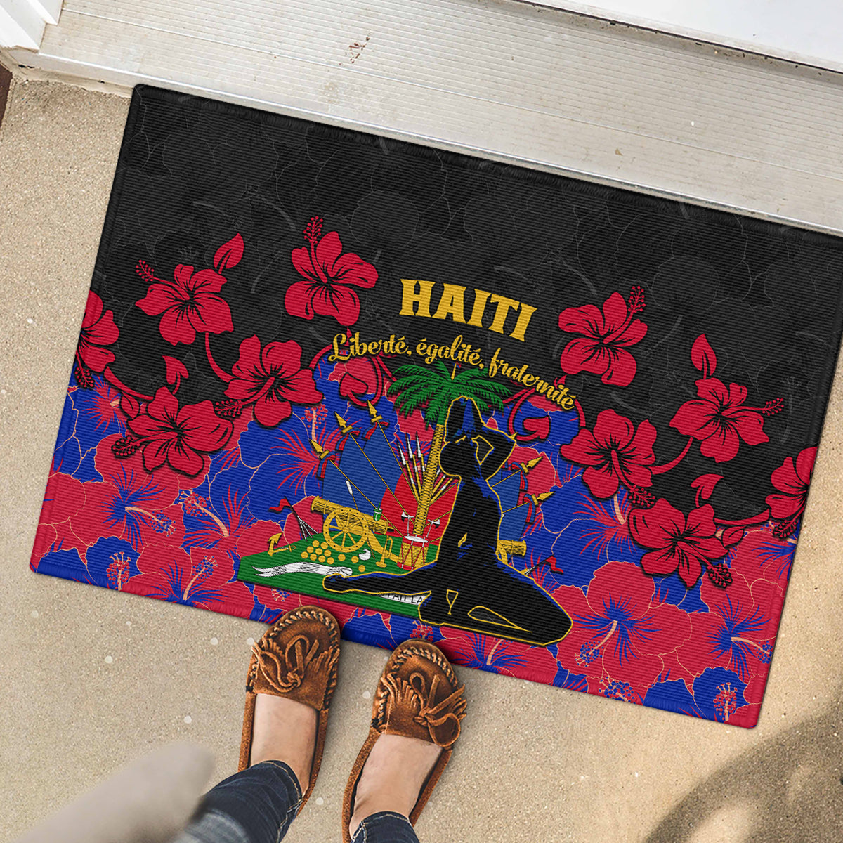 Haiti Independence Day Rubber Doormat Hibiscus Neg Marron - Wonder Print Shop