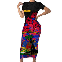 Haiti Independence Day Short Sleeve Bodycon Dress Hibiscus Neg Marron - Wonder Print Shop