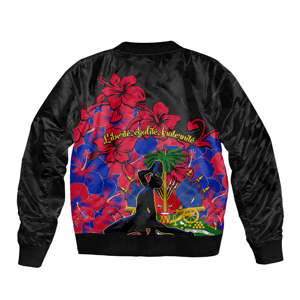 Haiti Independence Day Sleeve Zip Bomber Jacket Hibiscus Neg Marron - Wonder Print Shop
