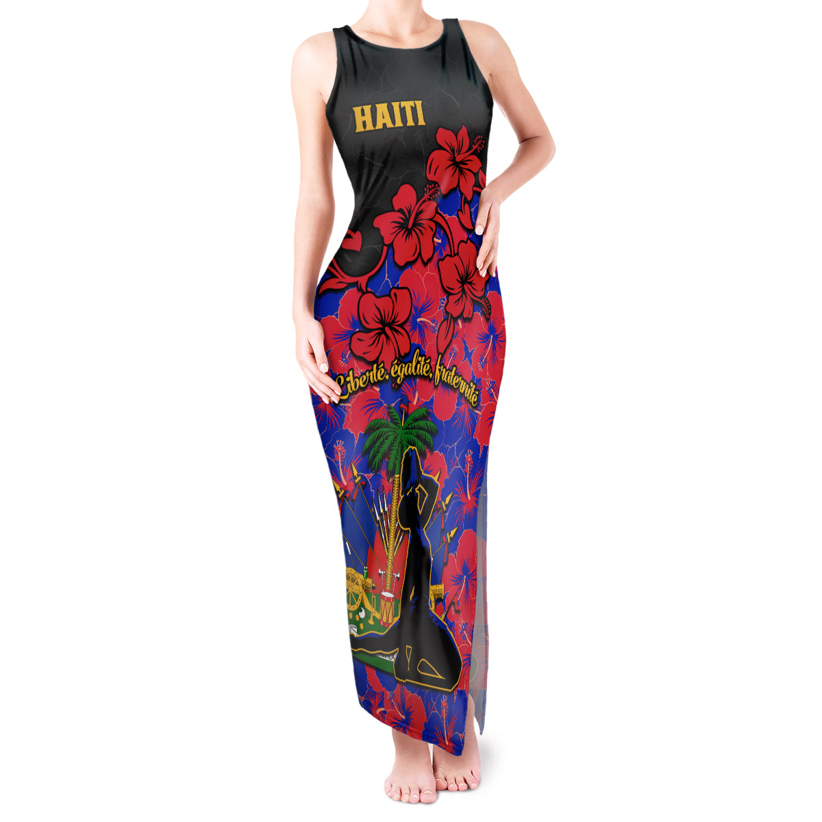 Haiti Independence Day Tank Maxi Dress Hibiscus Neg Marron - Wonder Print Shop