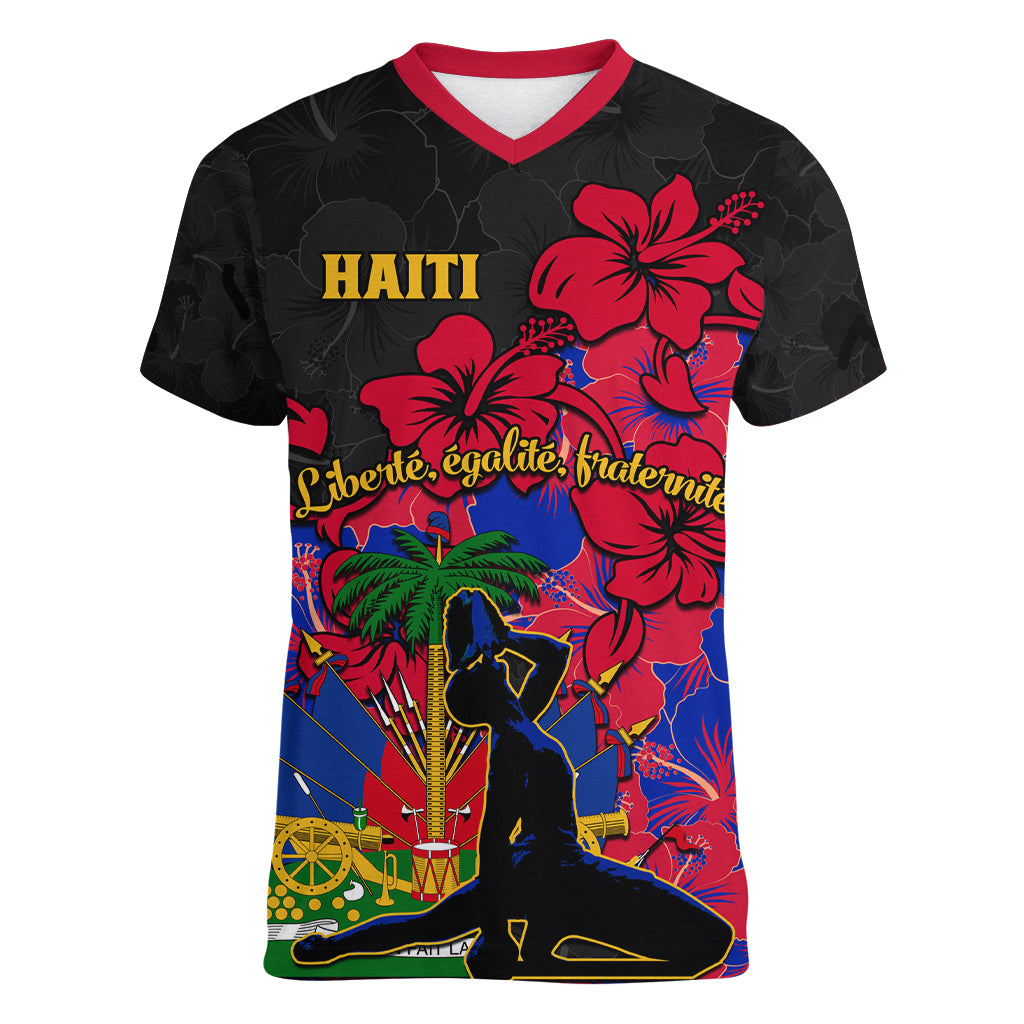 Haiti Independence Day Women V Neck T Shirt Hibiscus Neg Marron - Wonder Print Shop