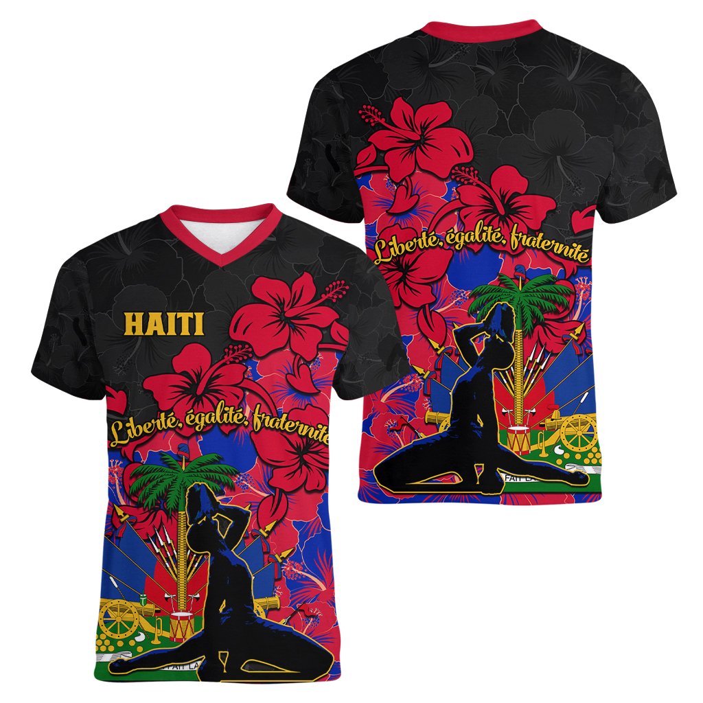 Haiti Independence Day Women V Neck T Shirt Hibiscus Neg Marron - Wonder Print Shop