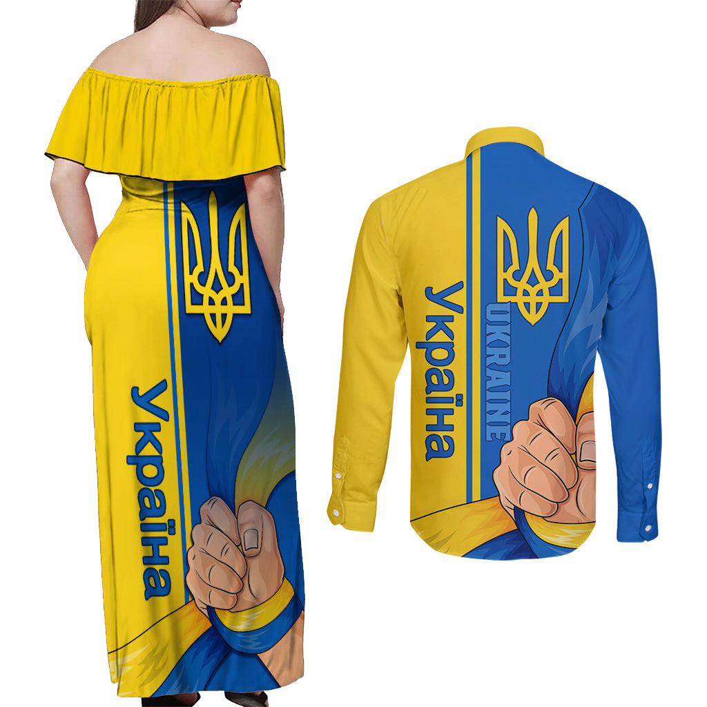 Ukraine Unity Day Couples Matching Off Shoulder Maxi Dress and Long Sleeve Button Shirt Ukrainian Unification Act - Wonder Print Shop